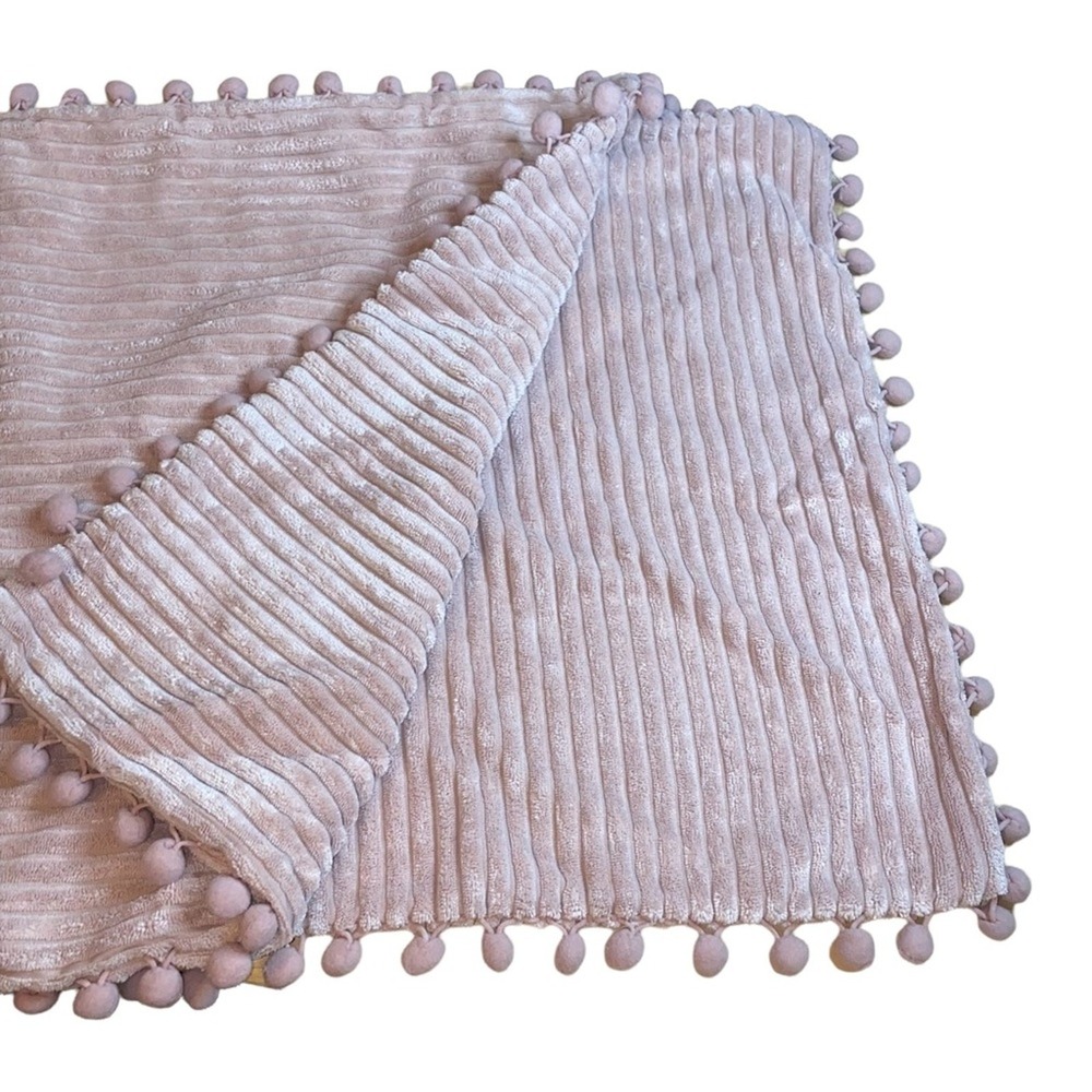 NWOT Set of Two Blush Pink Ribbed Velvet Throw Pillow Covers Pom Pom Trim